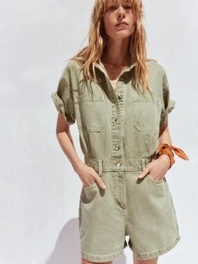 Zara Sage Green Short Sleeve Denim Romper Utility Boho Safari Large